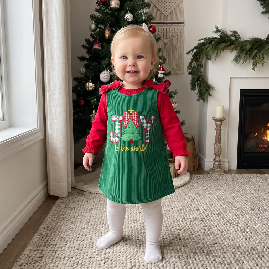 Joy to the World Girl Set | Conjunto 2 Piezas Niña — Blusa Roja Volantes + Vestido Pana Verde + JOY Bordado + Moños Cuadros