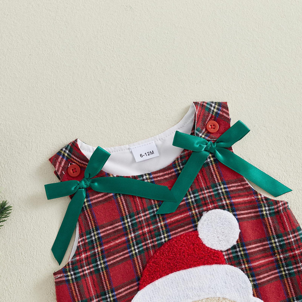Santa Plaid Girl | Vestido Tartán Rojo Niña Sin Mangas + Cuello Redondo + Aplicación Papa Noel 3D + Lazos Verdes