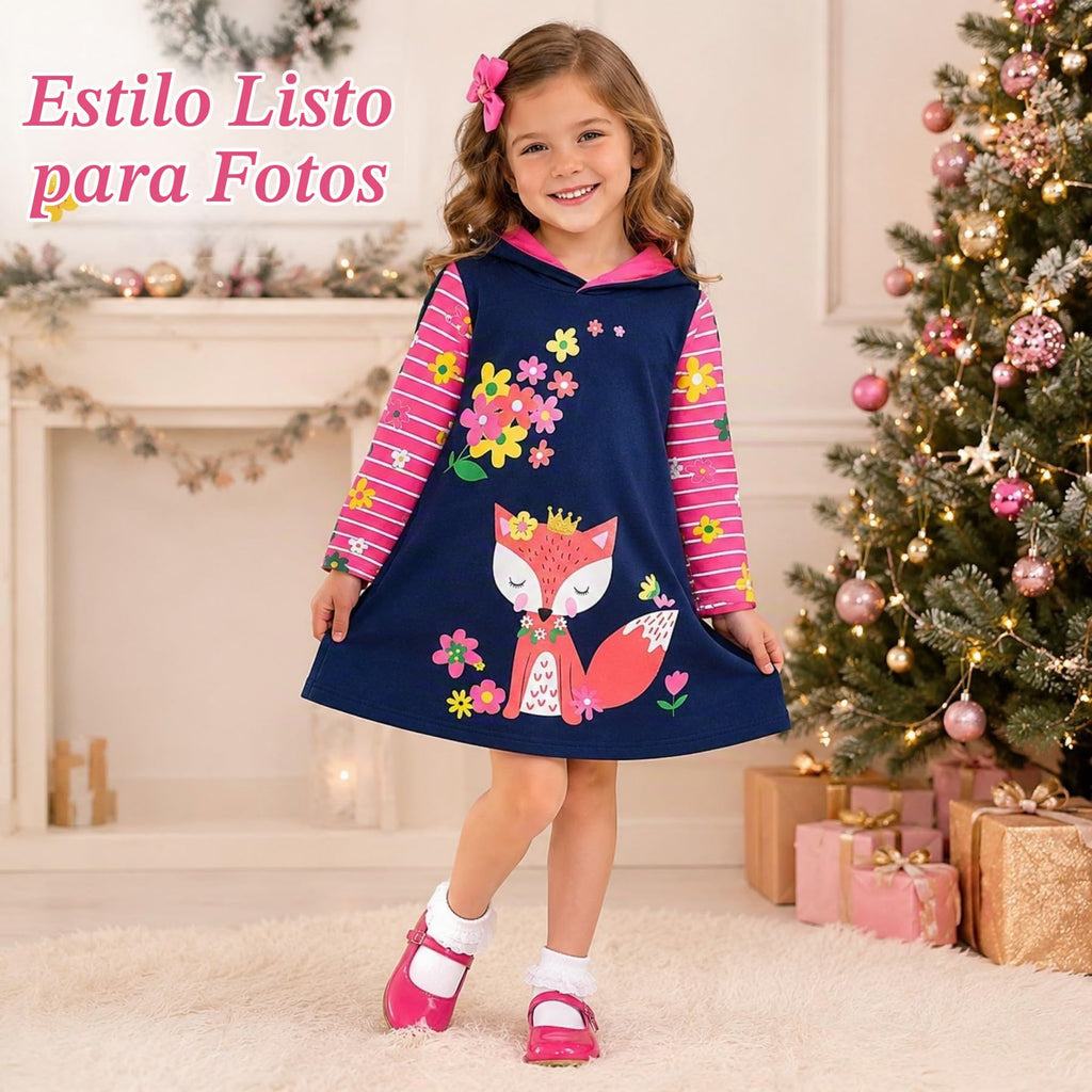Vestido Hoodie de Zorro y Flores para Niñas – Manga Larga Azul Marino a Rayas, Algodón (3 - 12T)