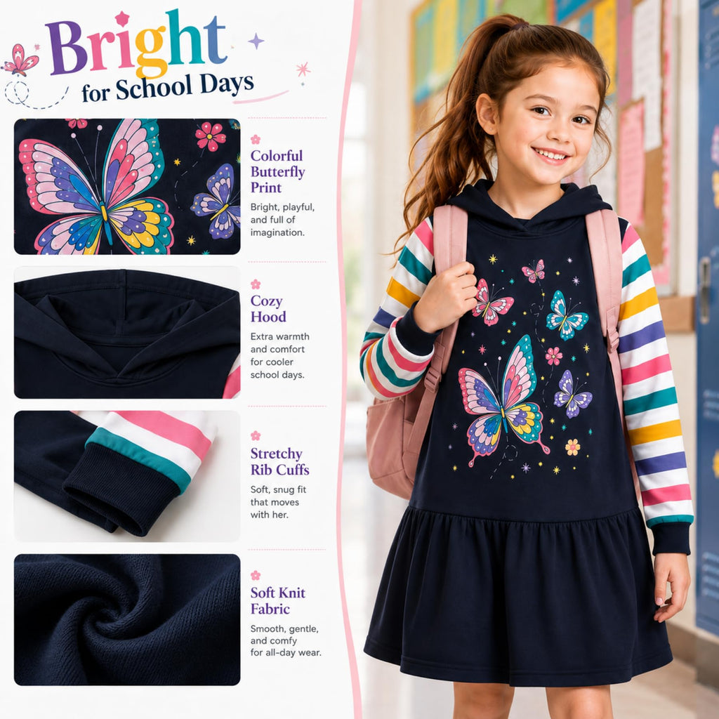 Vestido Hoodie de Mariposas para Niñas – Manga Larga Rayas Arcoíris, Algodón (3 - 12T)