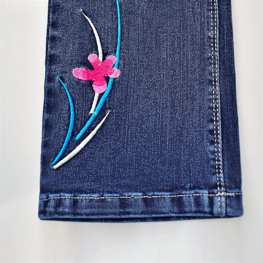 Jean Recto Tiro Alto Niña | Azul Marino Oscuro • Bordado Libélulas 3D Rosas • Estrellas Multicolor