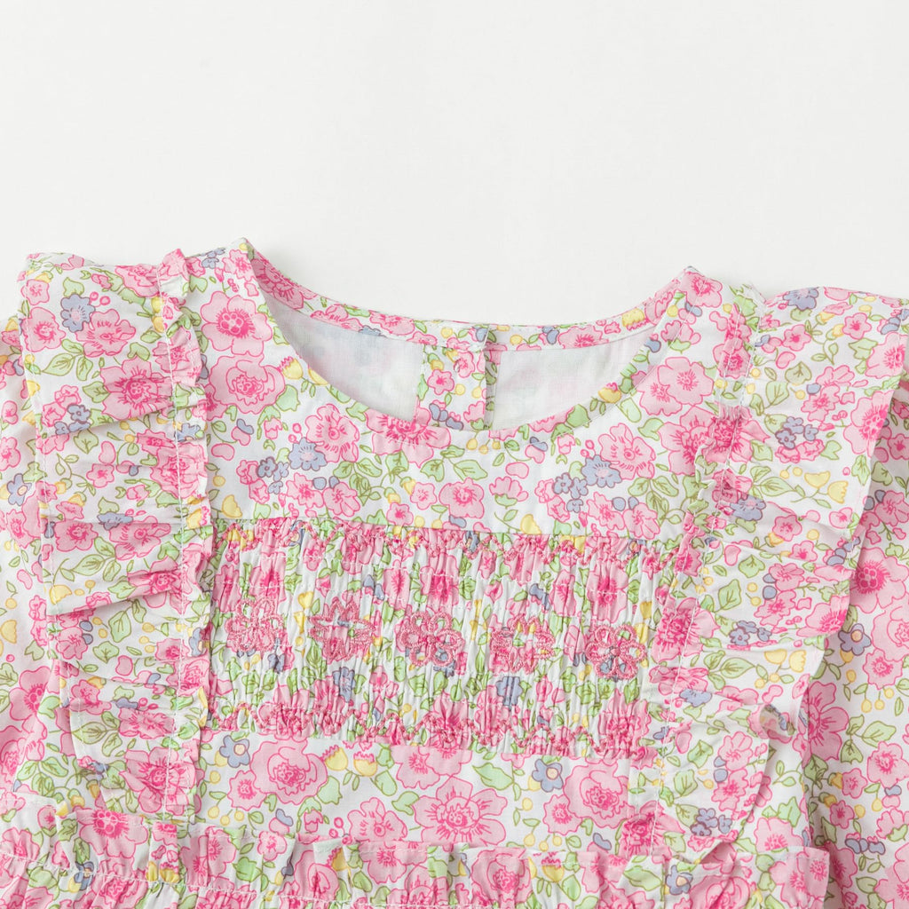 Vestido de Manga Larga 100% Algodón con Nido de Abeja, Volantes en los Hombros y Estampado Floral Rosa para Niña (12M - 8T)