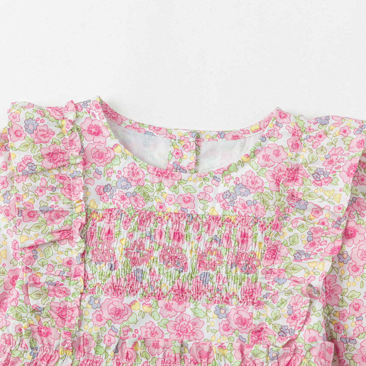 Vestido de Manga Larga 100% Algodón con Nido de Abeja, Volantes en los Hombros y Estampado Floral Rosa para Niña (12M - 8T)