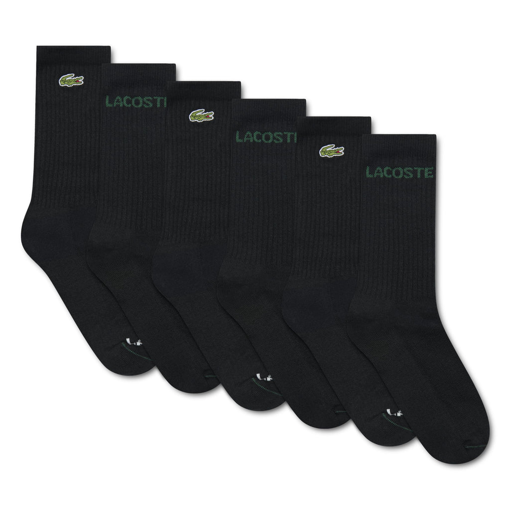 Lacoste | Calcetines Niño Unisex Pack 6 Pares Crew Todo Negro Algodón Orgánico Cocodrilo Bordado Logo Verde  (4-20T)