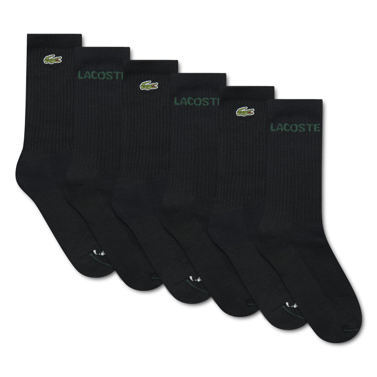 Lacoste | Calcetines Niño Unisex Pack 6 Pares Crew Todo Negro Algodón Orgánico Cocodrilo Bordado Logo Verde  (4-20T)