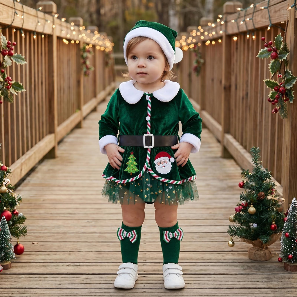 Giraropa | Vestido Mameluco Navideño de Terciopelo Bebé Niña - Verde