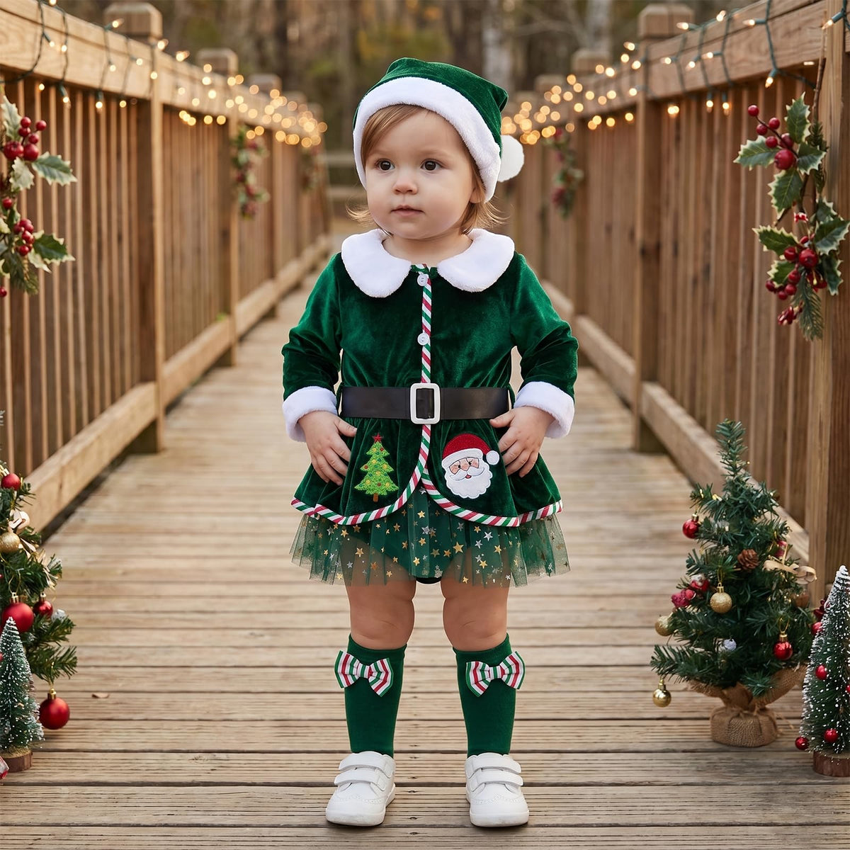 Giraropa | Vestido Mameluco Navideño de Terciopelo Bebé Niña - Verde