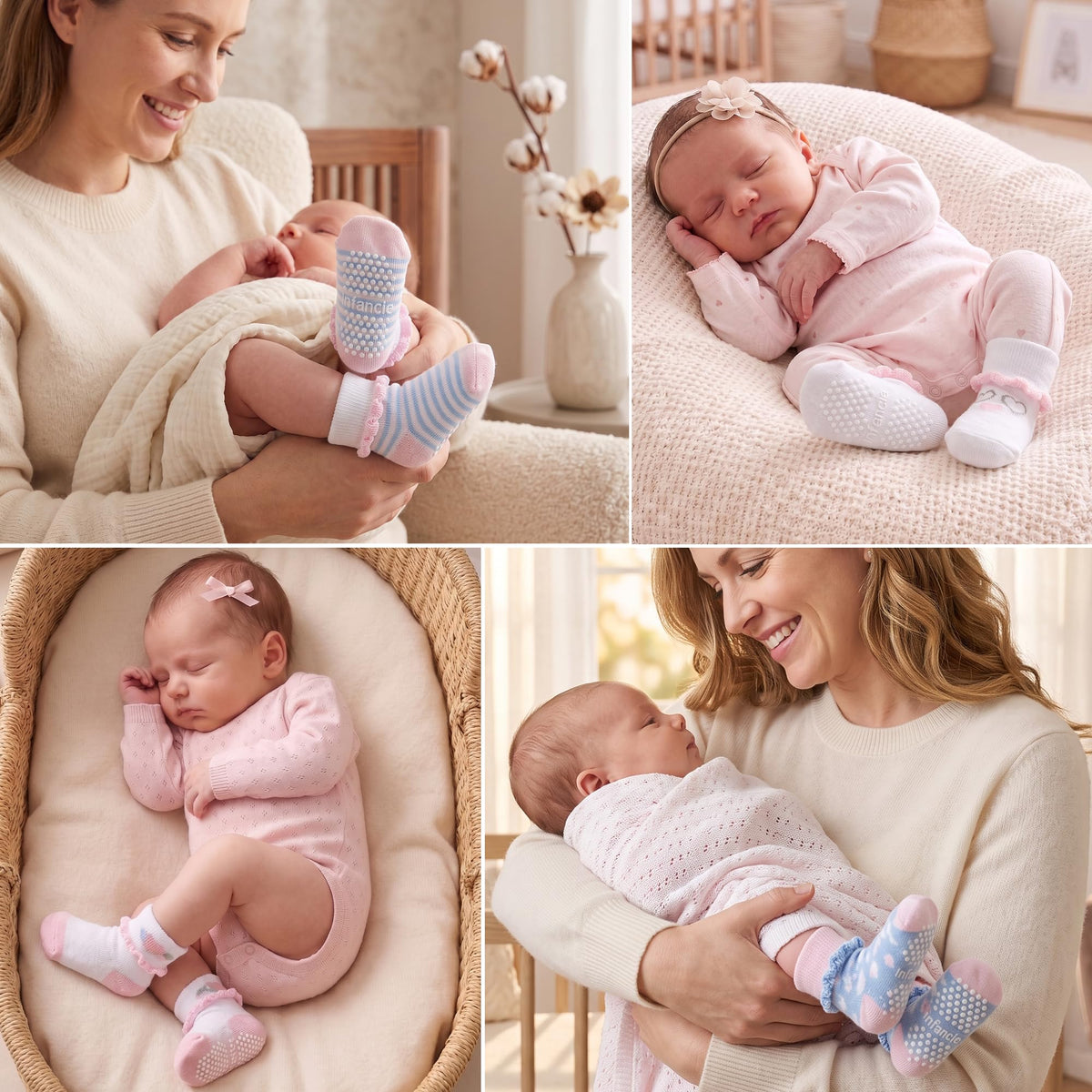 infancie | Calcetines Bebé Niña Pack 12 Algodón Orgánico GOTS Antideslizante Estampados Rosa 0-12 Meses