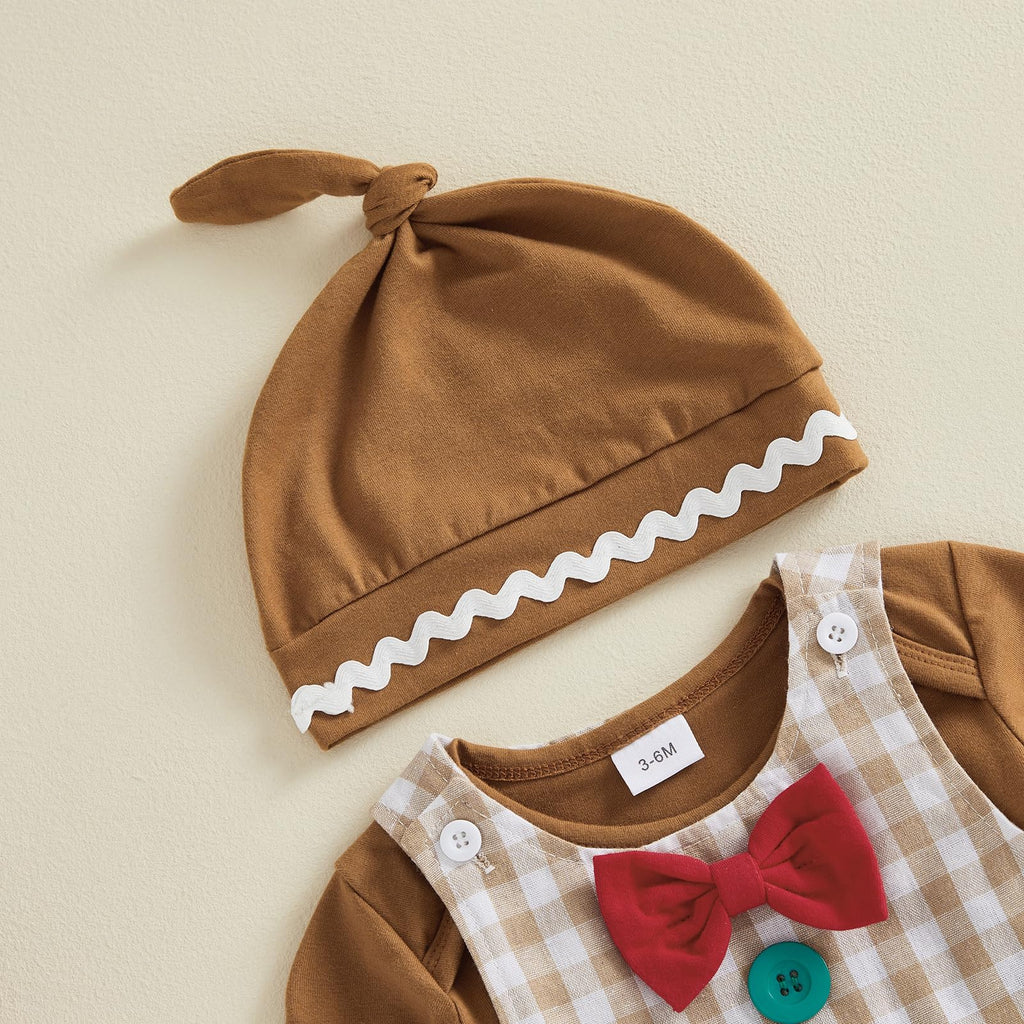 Gingerbread Boy Newborn Set | Conjunto 3 Piezas Bebé — Body Café + Overol Cuadros Beige + Gorro Nudo