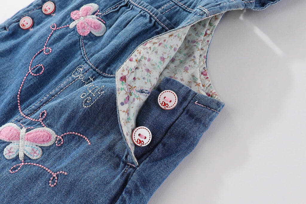 Overol Peto de Mezclilla Peacolate | Mariposas 3D + Texto Butterfly + Vol. Denim | Niña/Bebé (3M-3A)