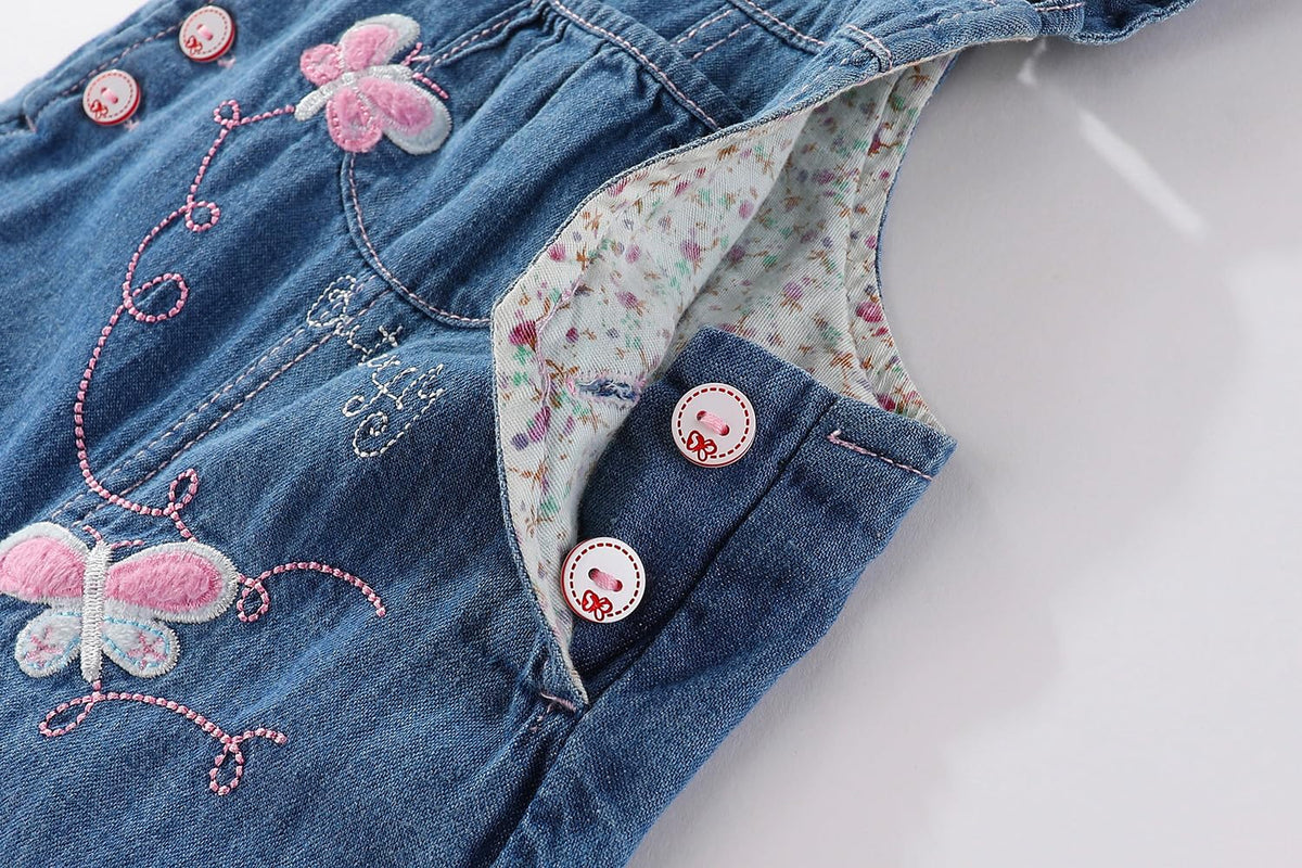 Overol Peto de Mezclilla Peacolate | Mariposas 3D + Texto Butterfly + Vol. Denim | Niña/Bebé (3M-3A)
