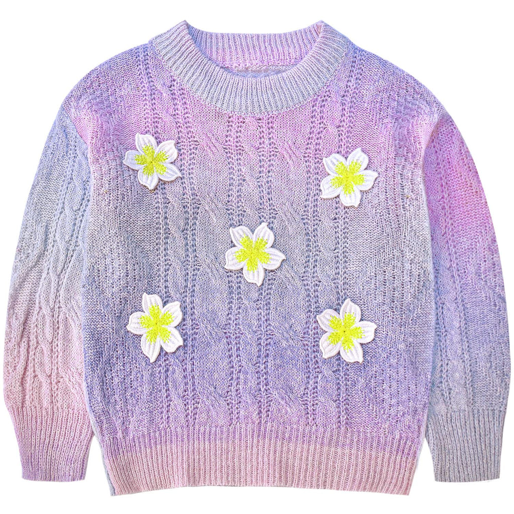 Conjunto 2 Piezas para Niña: Suéter Lavanda Trenzado con Flores 3D Plumeria y Jeans Jogger con Mariposas y Flores Bordadas