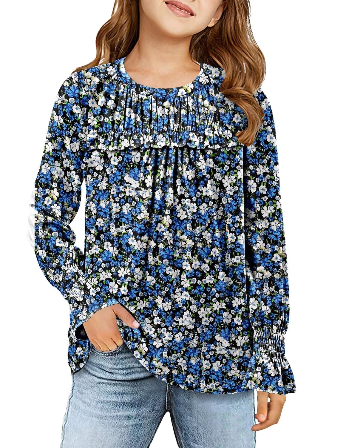 Storeofbaby | Blusa Nina Manga Larga | Poliester Elastano | Cuello Redondo Smocked con Volante en Cascada | Puno Fruncido con Volante | Floral Denso Azul + Blanco sobre Negro | Silueta Blusona Fluida (4 - 13T)