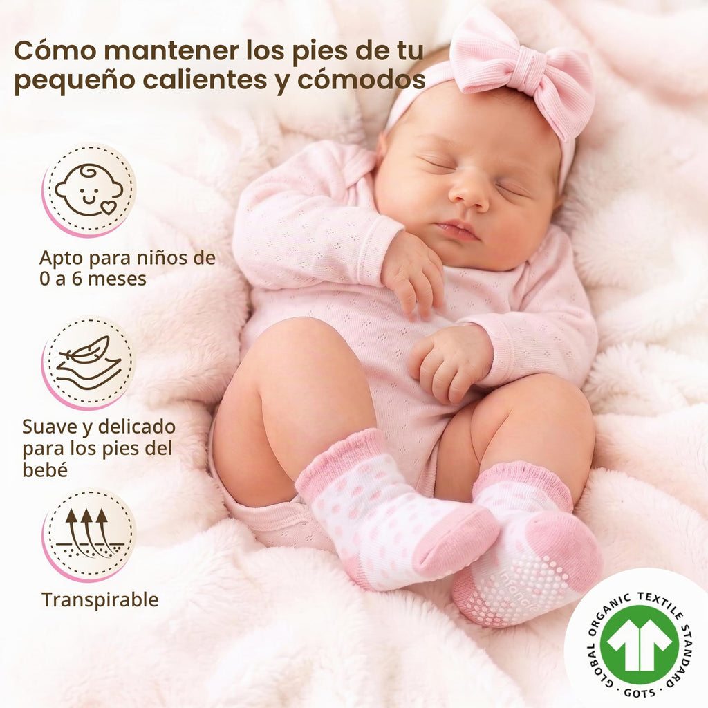 infancie | Calcetines Bebé Niña Pack 6 Algodón Orgánico GOTS Antideslizante Estampados Rosa 0-6 Meses