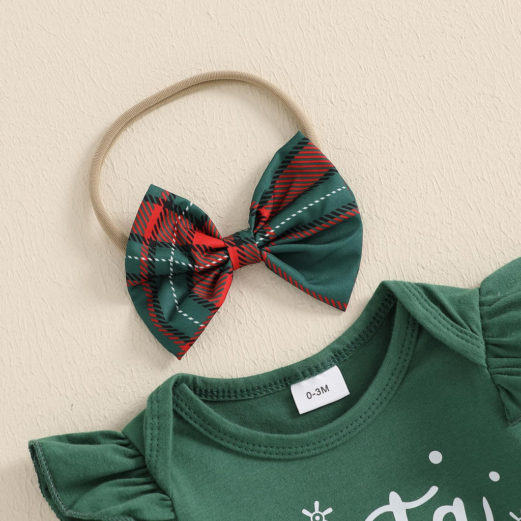 Santa Baby | Conjunto Navideño Verde Oscuro Bebé Niña Falda Cuadros + Medias + Diadema