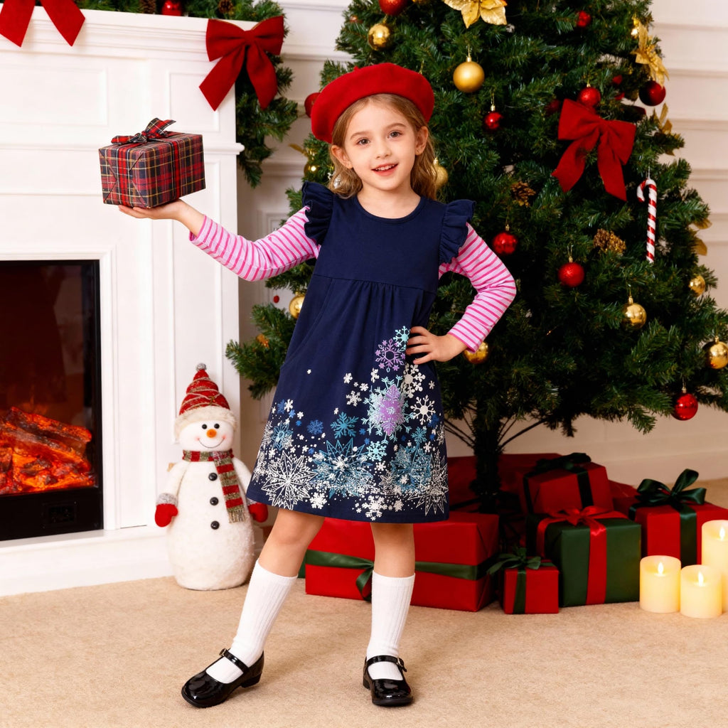 Vestido Niña DXTON | 95% Algodón + Copos de Nieve Multicolor + Manga Flutter Rayas Rosa/Navy | Navy/Rosa Navidad (3-8 Años)