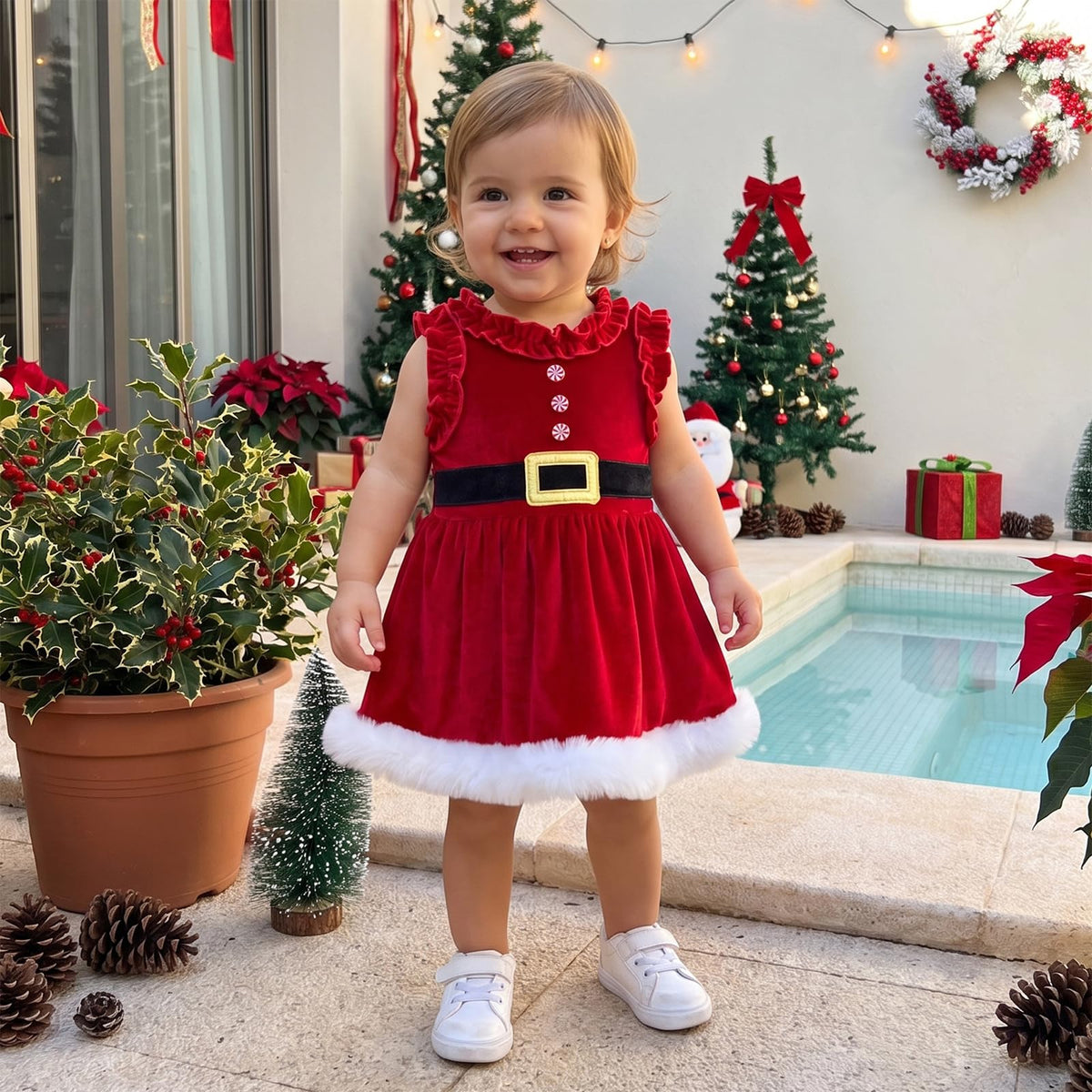 Santa Velvet Dress | Vestido Navideño Terciopelo Rojo Niña — Cuello Volantes + Botones Menta + Cintón + Ribete Piel Blanca