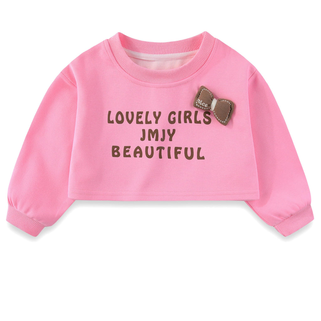 Conjunto 3 Piezas para Niña: Crop Top “Lovely Girls” con Lazo 3D, Camiseta Blanca y Pantalon Cargo Fucsia