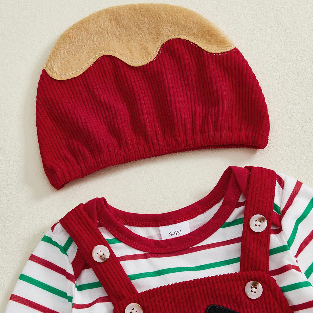 Gingerbread Newborn Set | Conjunto 3 Piezas Bebé — Body Rayas + Overol Rojo + Gorro Navideño