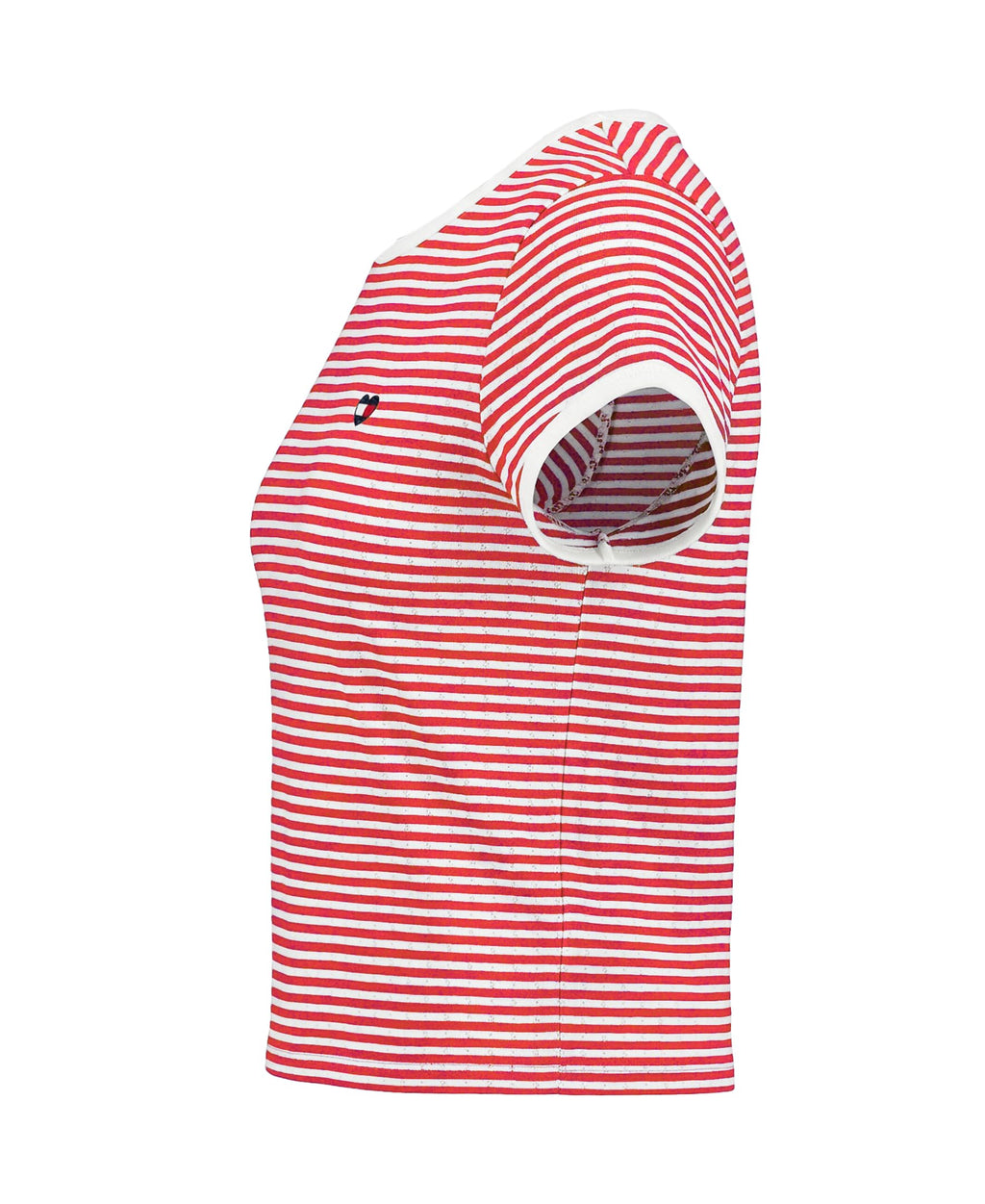 Tommy Hilfiger | Camiseta Nina Manga Corta | Rayas Rojo + Blanco con Lurex | Cuello Contrastante Blanco | Logo Bandera TH Corazon Bordado | Manga Enrollada | Corte Relaxed  (7 - 10T)