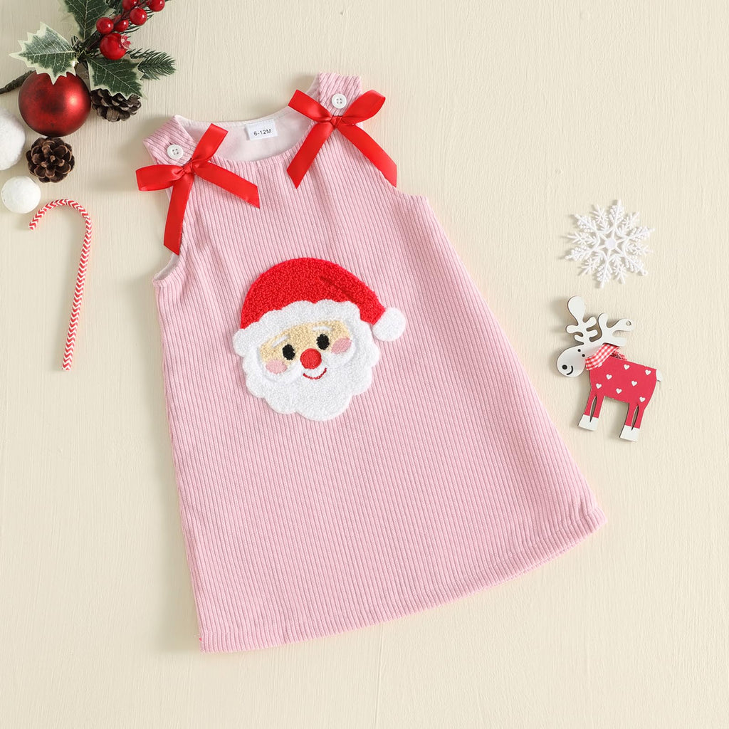 Santa Corduroy Pink Girl | Vestido Pana Rosa Niña — Sin Mangas + Cuello Redondo + Aplicación Papa Noel 3D + Lazos Rojos + Botones Blancos