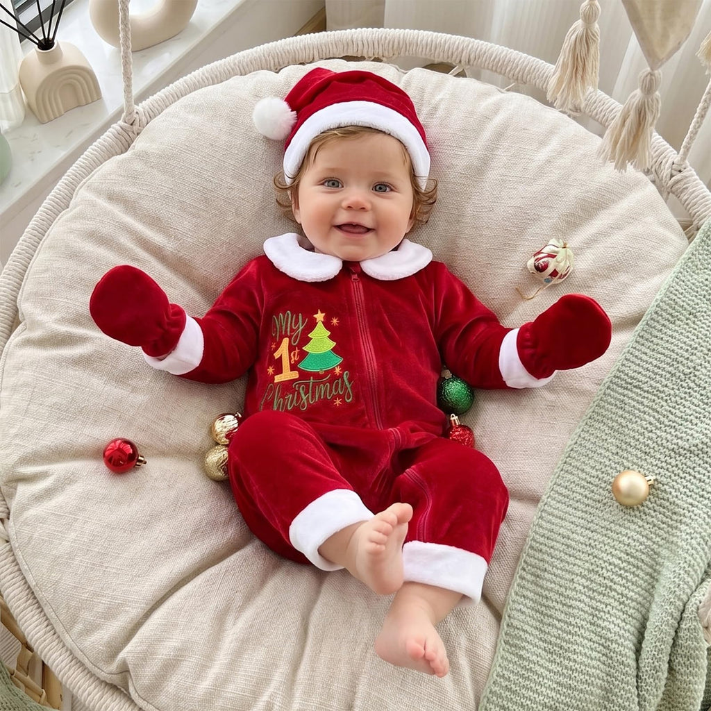 My 1st Christmas Velvet Romper | Mameluco Terciopelo Rojo Bebé — Cremallera + Bordado + Gorro Papa Noel + Manoplas