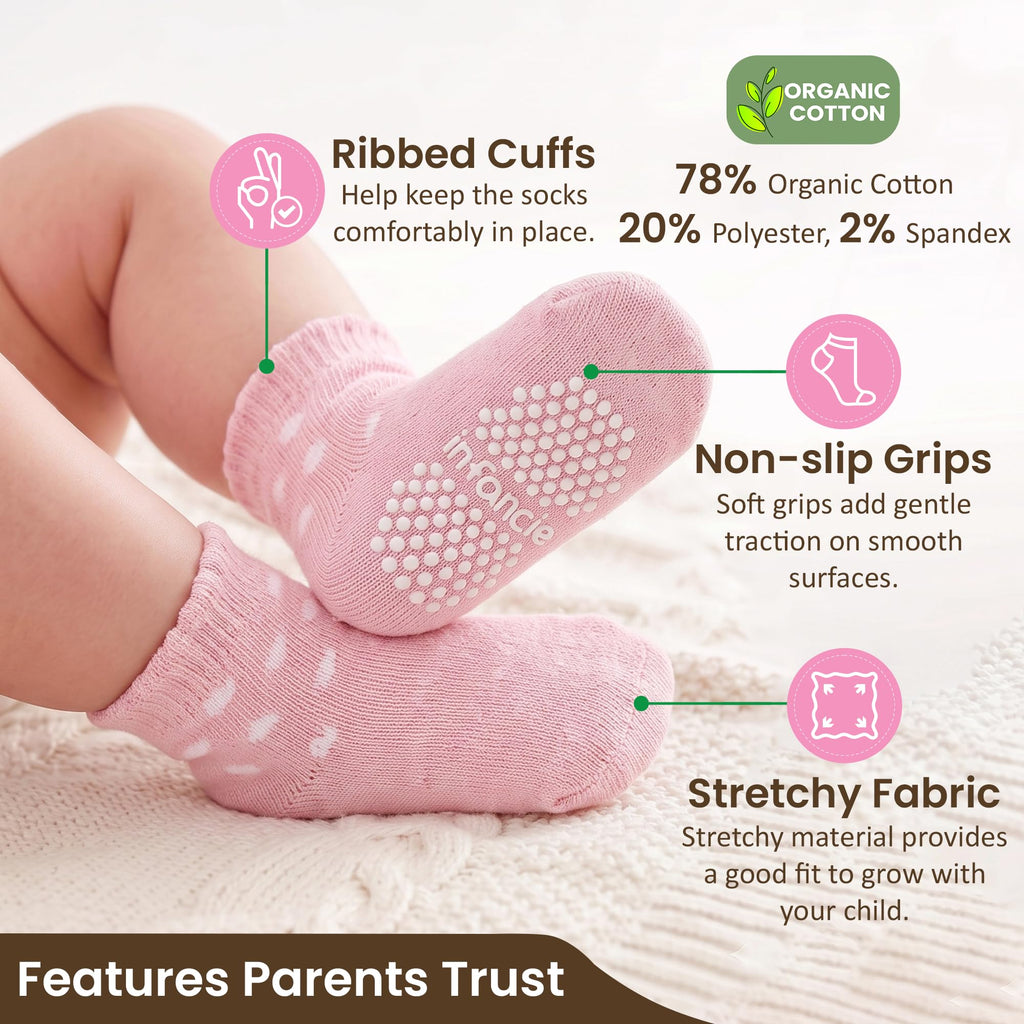 infancie | Calcetines Bebé Niña Pack 6 Algodón Orgánico GOTS Antideslizante Estampados Rosa 0-6 Meses