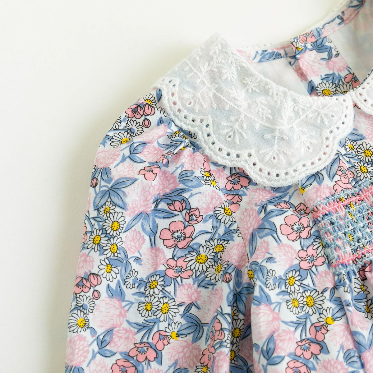 Vestido de Manga Larga 100% Algodón con Cuello Bordado y Estampado Floral Multicolor para Niña (12M - 8T)