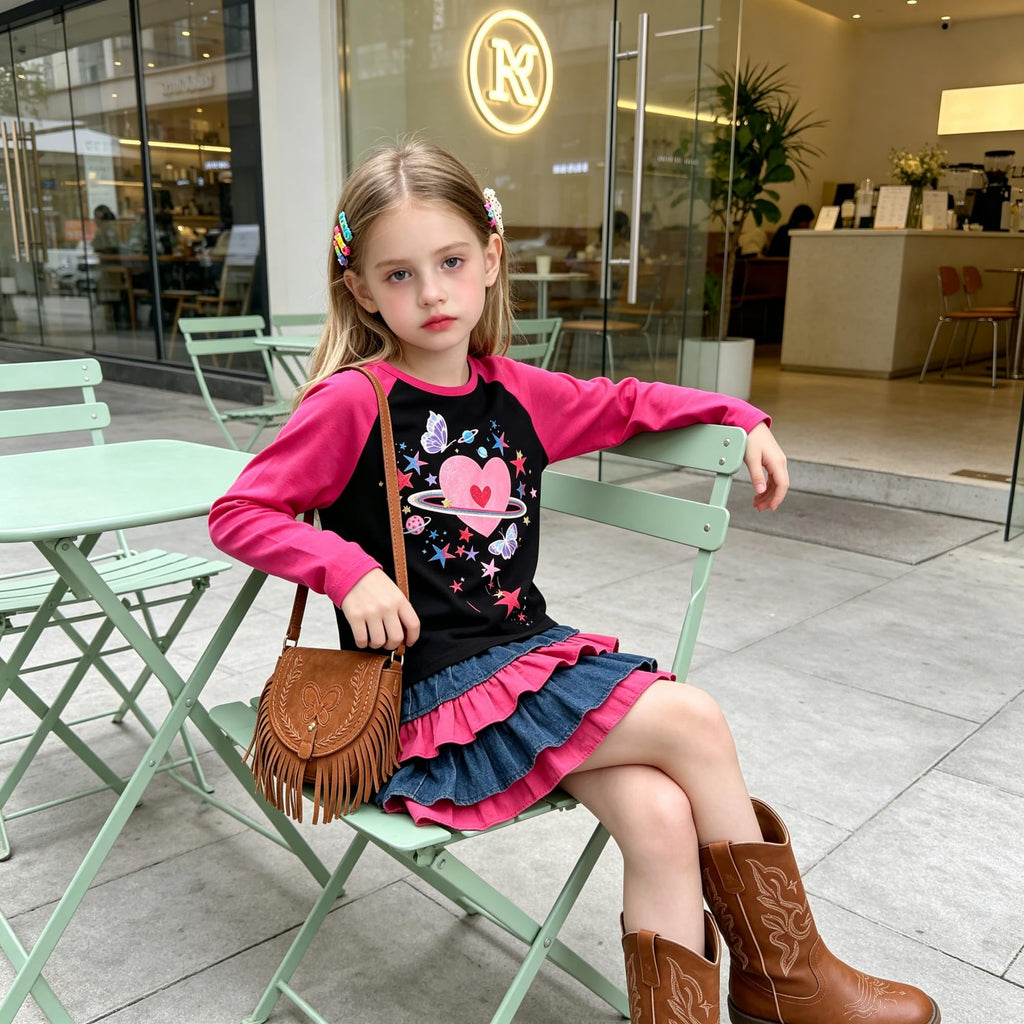 Top de Manga Larga con Corazón Galáctico para Niñas – Negro con Mangas Rosa Fucsia, Algodón  (2-12 Años )