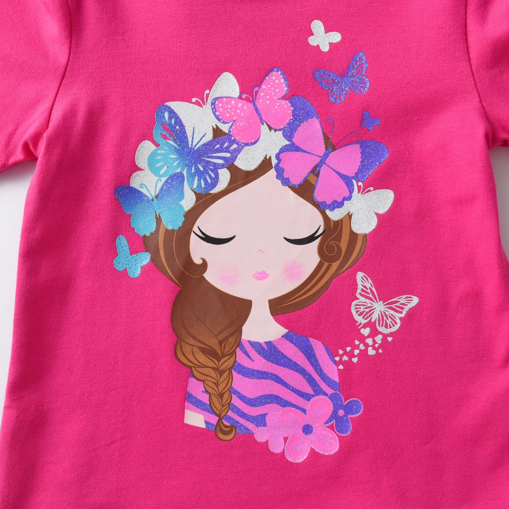 Top de Manga Larga con Niña y Mariposas para Niñas – Rosa Fucsia a Rayas Morado y Rosa, Algodón (2-12 Años)