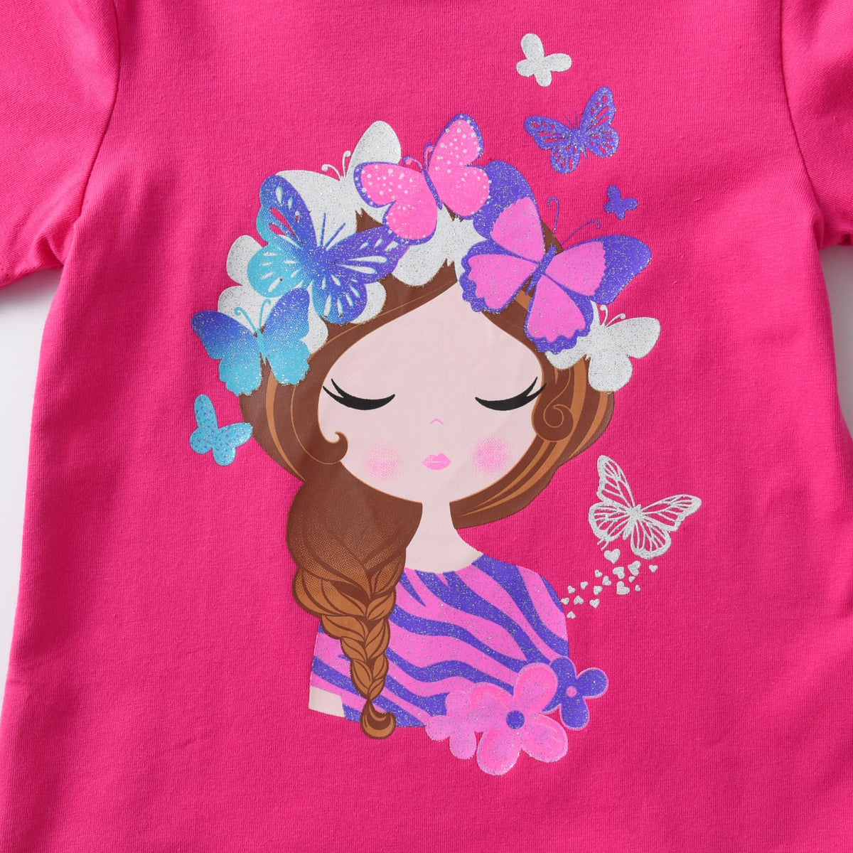 Top de Manga Larga con Niña y Mariposas para Niñas – Rosa Fucsia a Rayas Morado y Rosa, Algodón (2-12 Años)