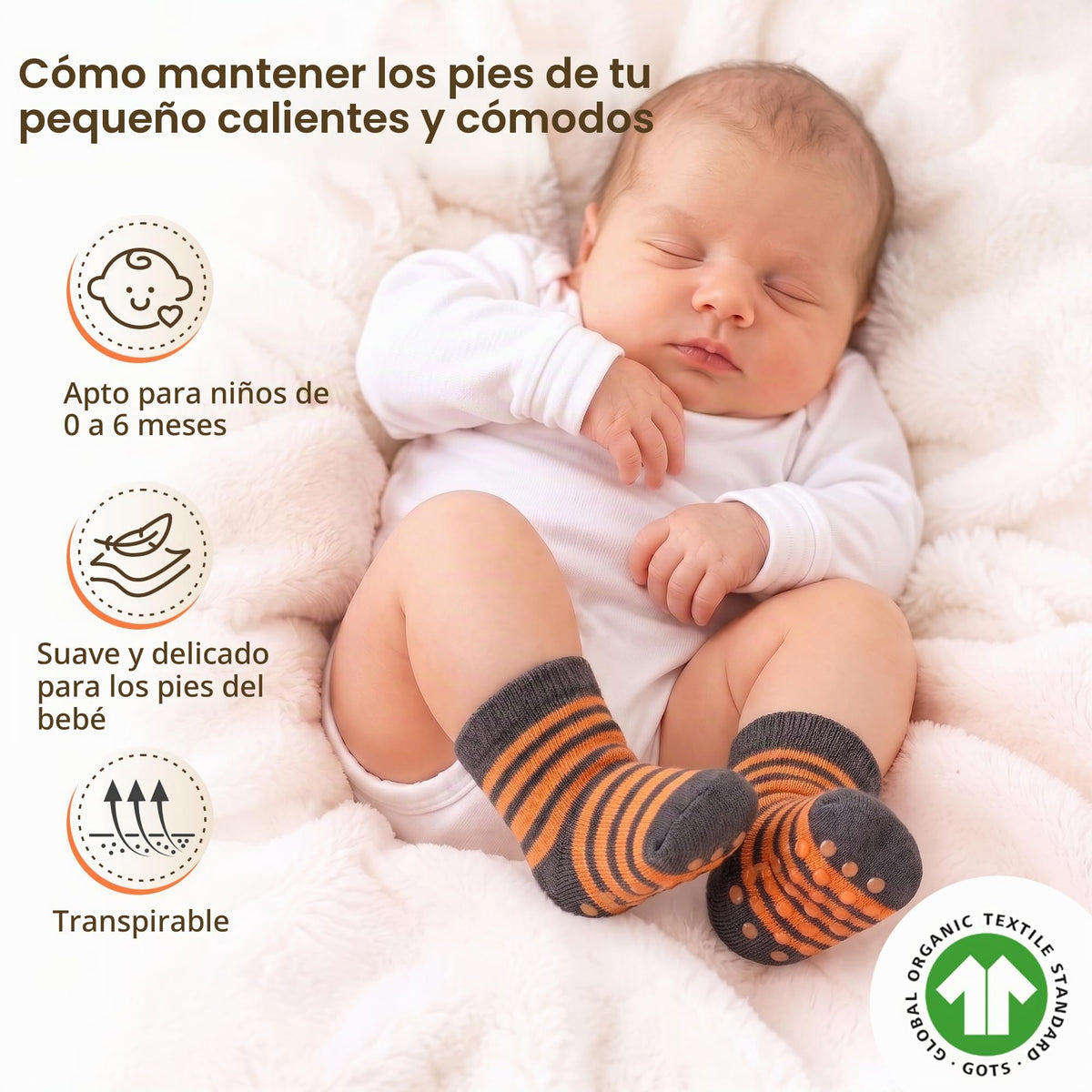 infancie | Calcetines Bebé Niño Pack 6 Algodón Orgánico GOTS Antideslizante Estampados Naranja Gris 0-6 Meses