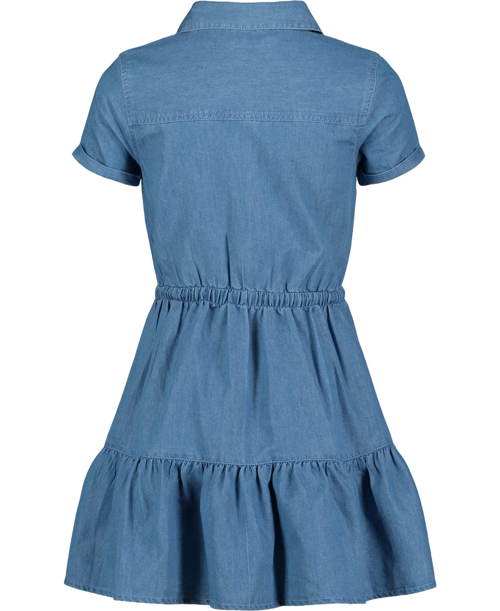 Tommy Hilfiger Vestido Camisero Chambray Niña | Azul Lavado Highline • Cordón Tricolor • Falda con Volantes