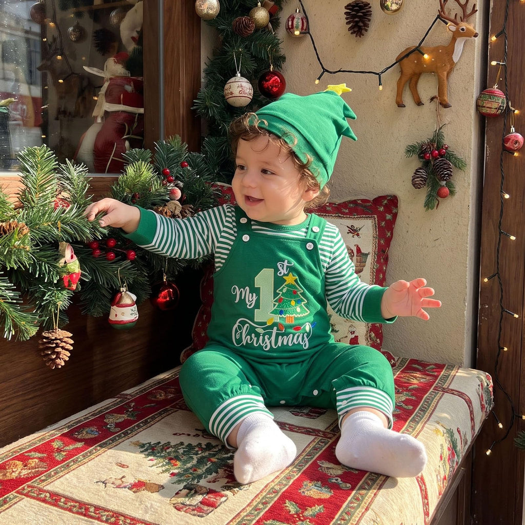 My 1st Christmas Arbolito | Conjunto Bebé Niño Mameluco Rayas Verde + Peto + Gorro Arbolito