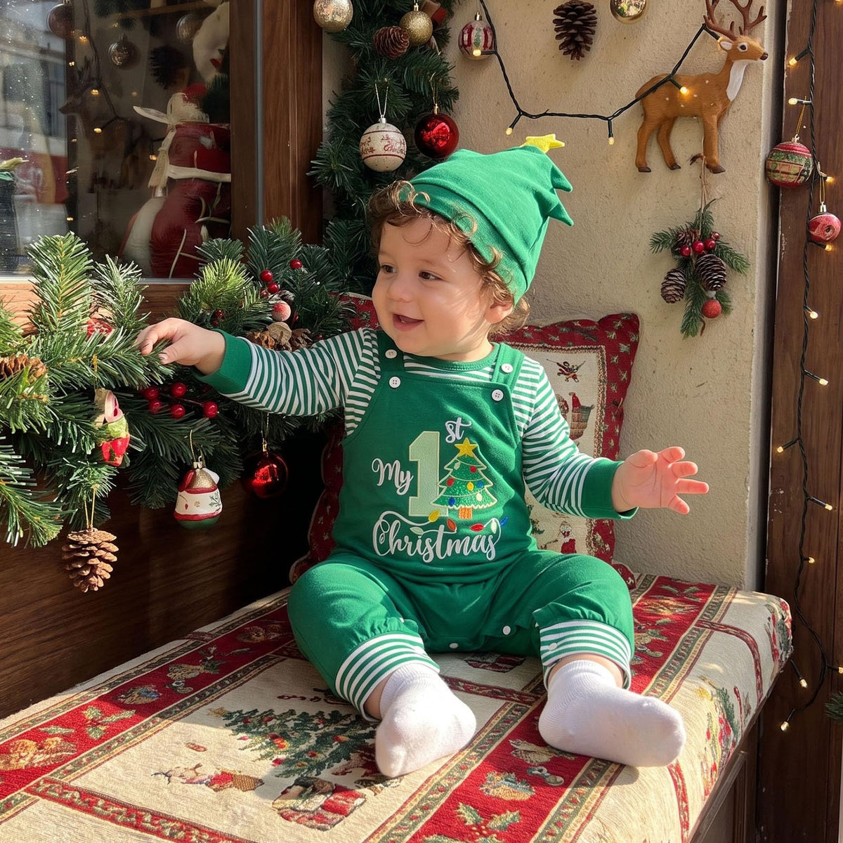 My 1st Christmas Arbolito | Conjunto Bebé Niño Mameluco Rayas Verde + Peto + Gorro Arbolito