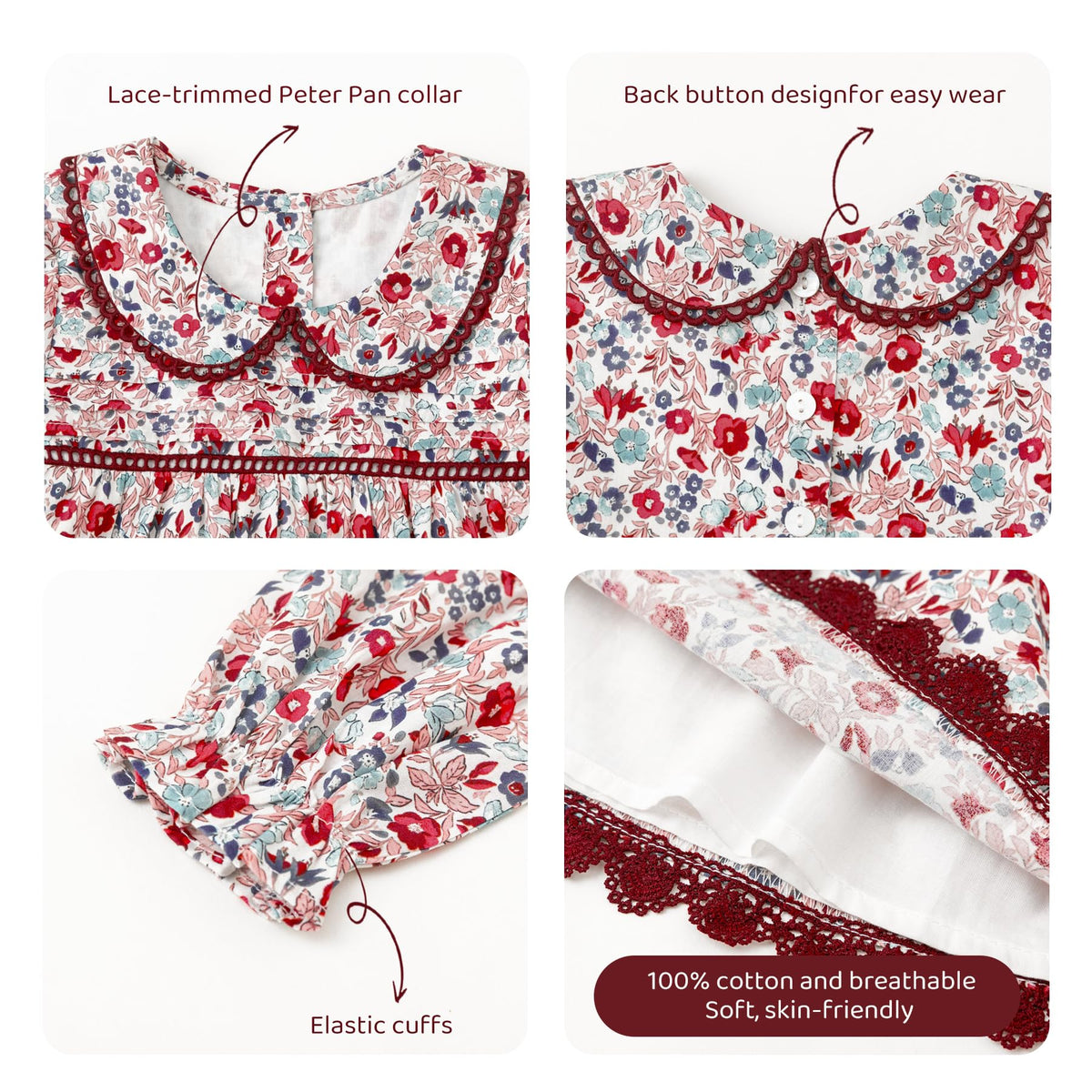 Vestido de Manga Larga 100% Algodón con Cuello con Volantes y Estampado Floral en Tonos Rojos y Vino para Niña (B-berry Vino) (18M - 3T)