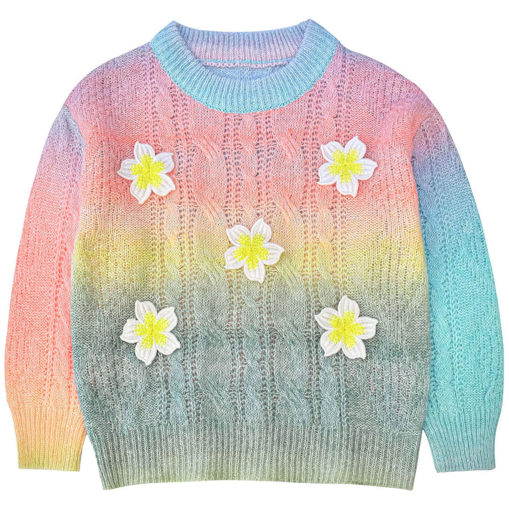 Conjunto 2 Piezas para Niña: Suéter Arcoíris Trenzado con Flores 3D Plumeria y Jeans Jogger con Mariposas y Flores Bordadas