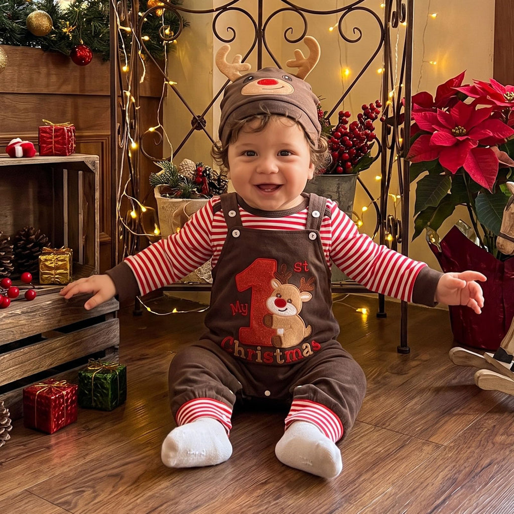 My 1st Christmas Reno | Conjunto Bebé Niño Mameluco Rayas Rojo + Peto Café + Gorro Reno