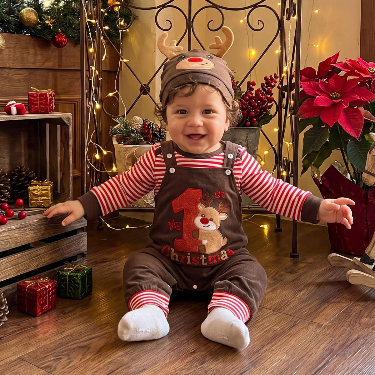 My 1st Christmas Reno | Conjunto Bebé Niño Mameluco Rayas Rojo + Peto Café + Gorro Reno