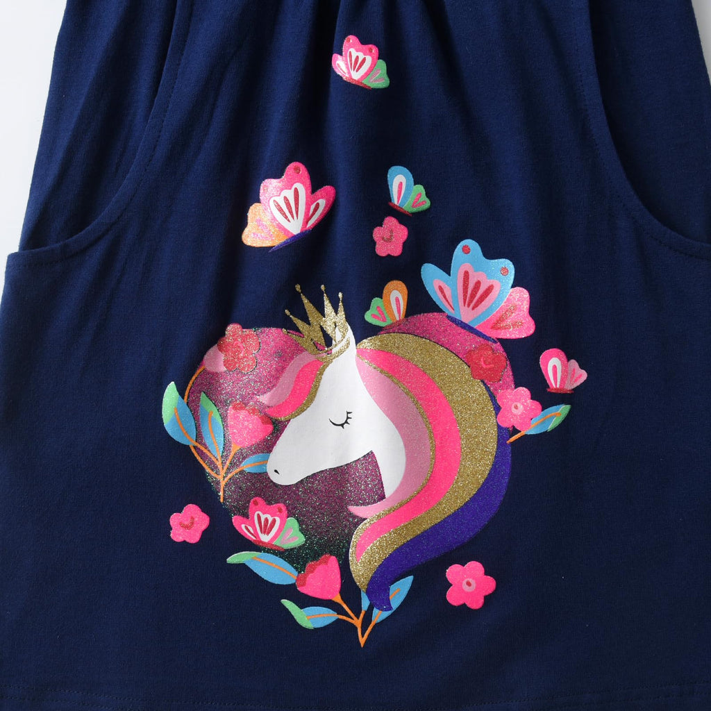 Vestido Niña | Algodón + Unicornio Floral Corona Dorada + Flores Rosas + Mariposas + Bolsillos | Navy/Fucsia Flutter (3T - 8T)