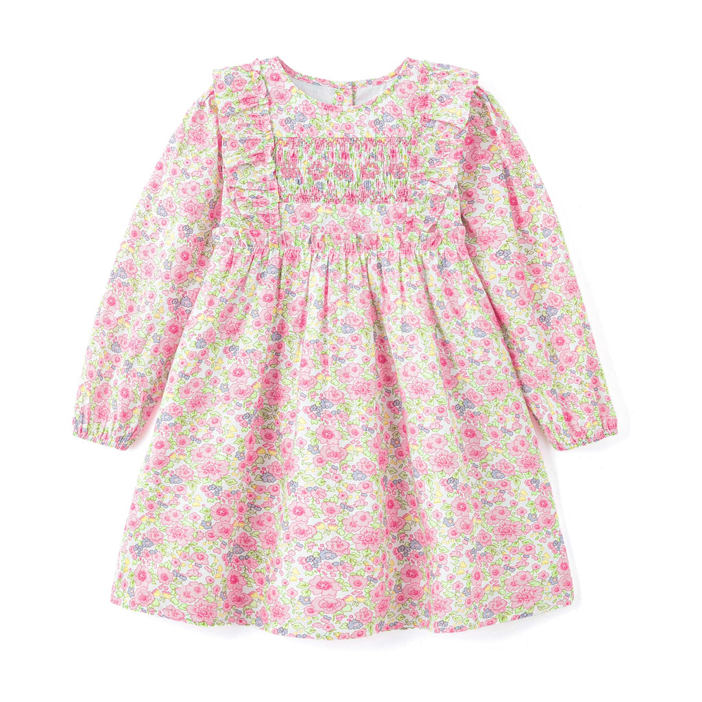 Vestido de Manga Larga 100% Algodón con Nido de Abeja, Volantes en los Hombros y Estampado Floral Rosa para Niña (12M - 8T)