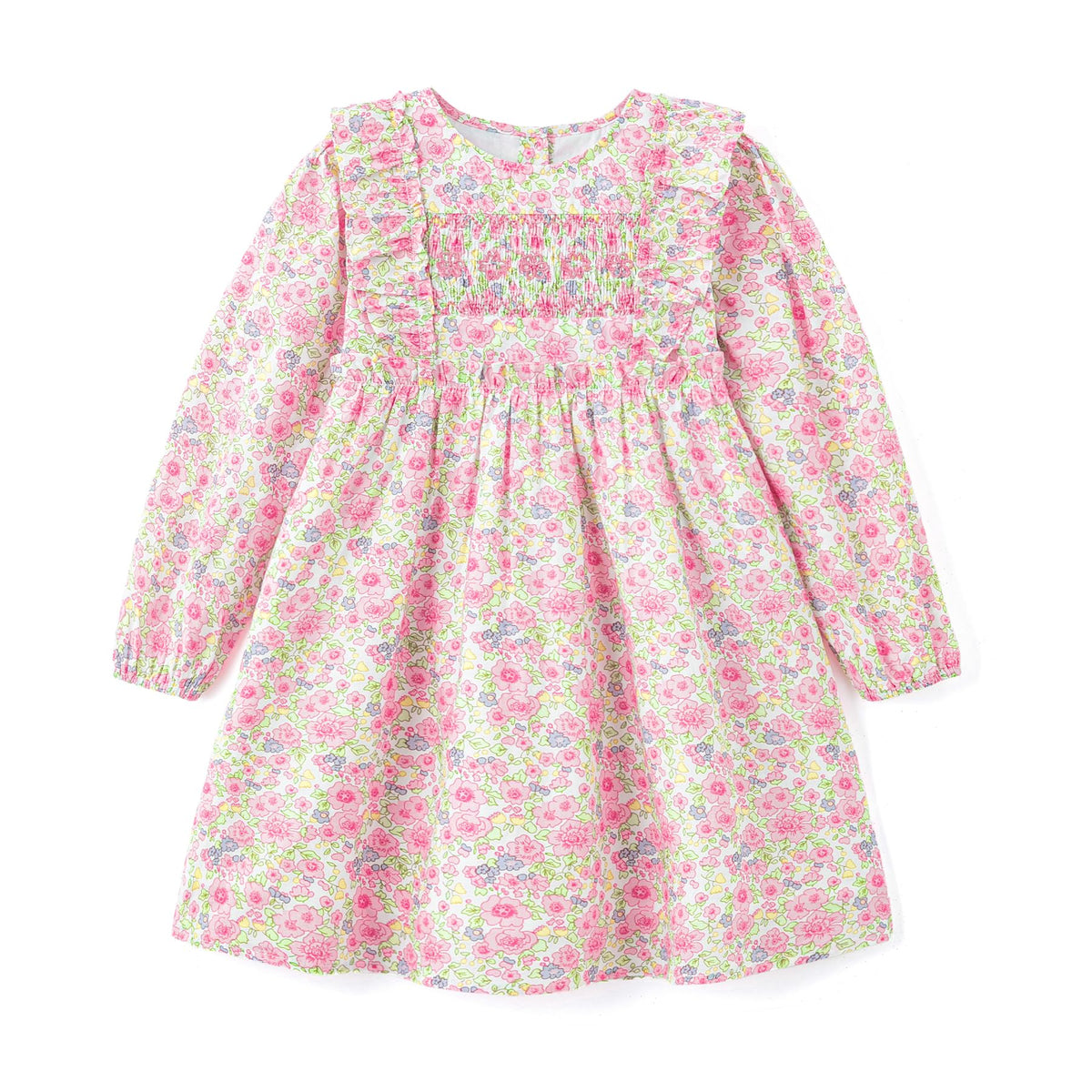 Vestido de Manga Larga 100% Algodón con Nido de Abeja, Volantes en los Hombros y Estampado Floral Rosa para Niña (12M - 8T)