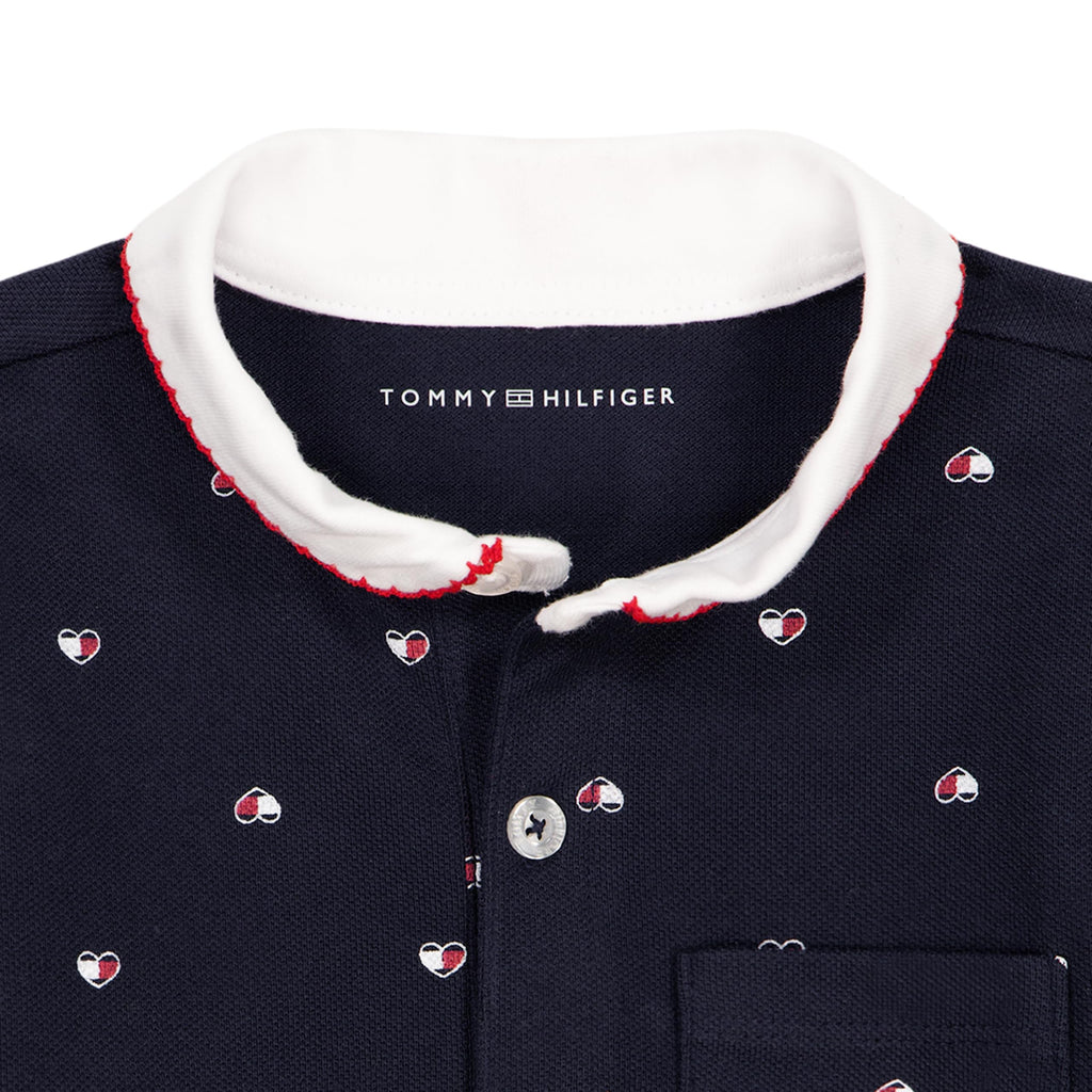 Tommy Hilfiger Vestido Polo Piqué Niña | Azul Navy Estampado Mini Corazones • Cuello Peter Pan Blanco