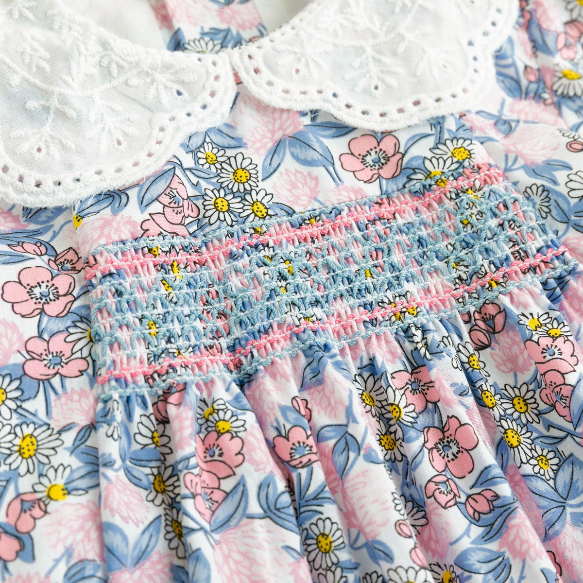 Vestido de Manga Larga 100% Algodón con Cuello Bordado y Estampado Floral Multicolor para Niña (12M - 8T)
