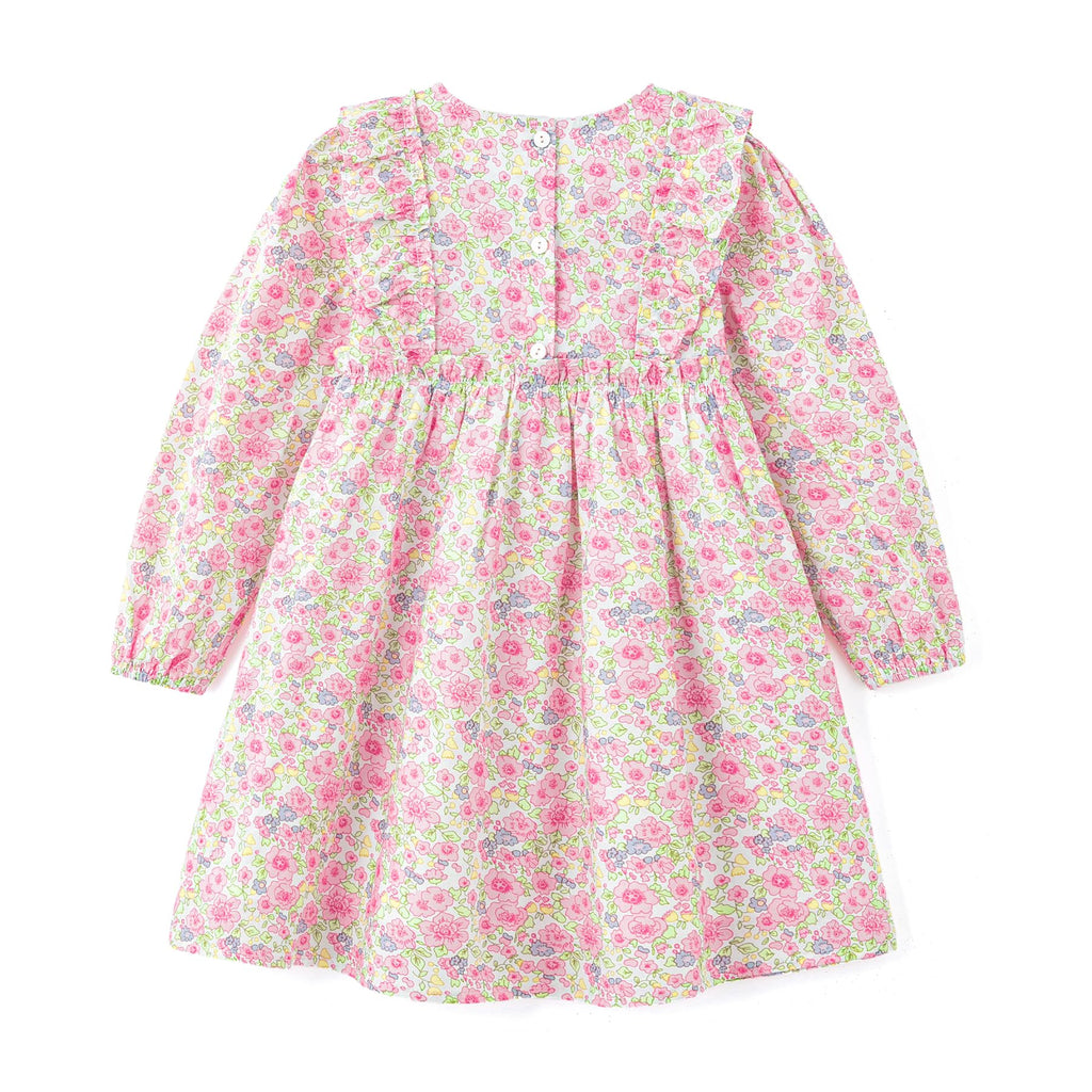 Vestido de Manga Larga 100% Algodón con Nido de Abeja, Volantes en los Hombros y Estampado Floral Rosa para Niña (12M - 8T)