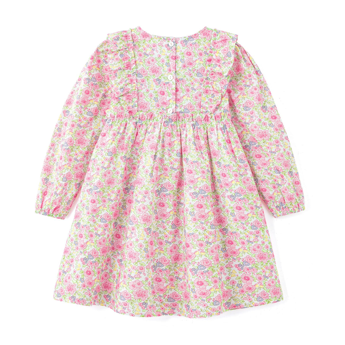 Vestido de Manga Larga 100% Algodón con Nido de Abeja, Volantes en los Hombros y Estampado Floral Rosa para Niña (12M - 8T)