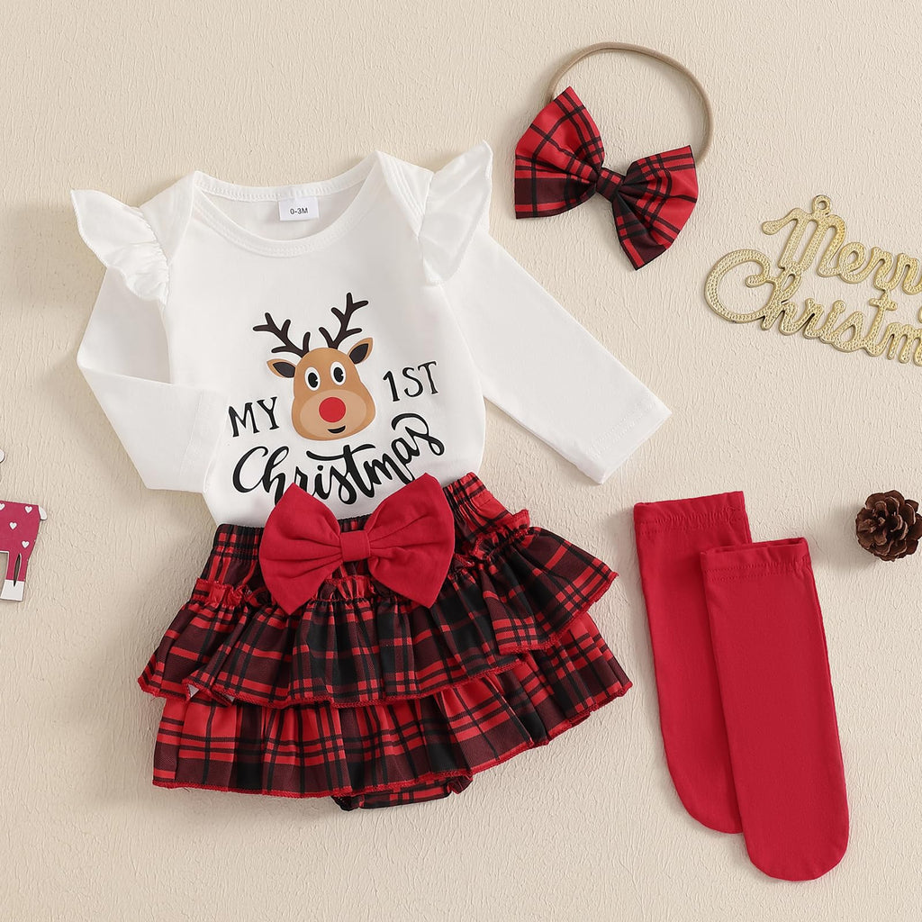 My 1st Christmas Reno | Conjunto Navideño Bebé Niña Falda Cuadros Rojo + Medias + Diadema