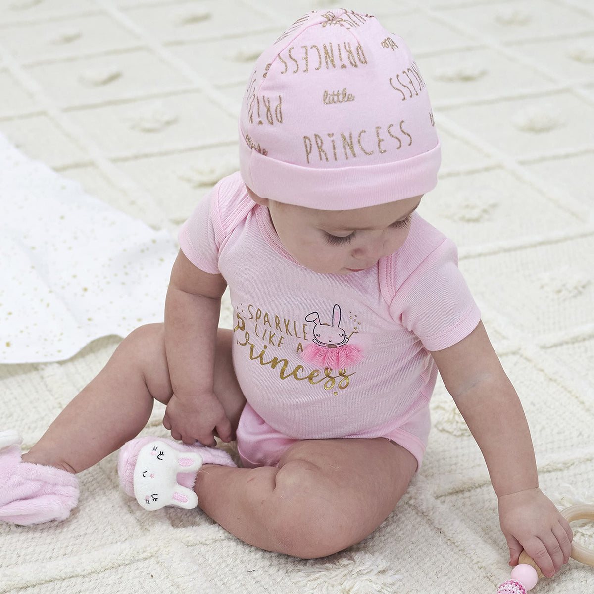 Set 8 Piezas Gorros y Manoplas para Bebé Niña – Rosa Princesa y Estrellas Doradas, 100% Algodón, Recién Nacido a 3 Meses