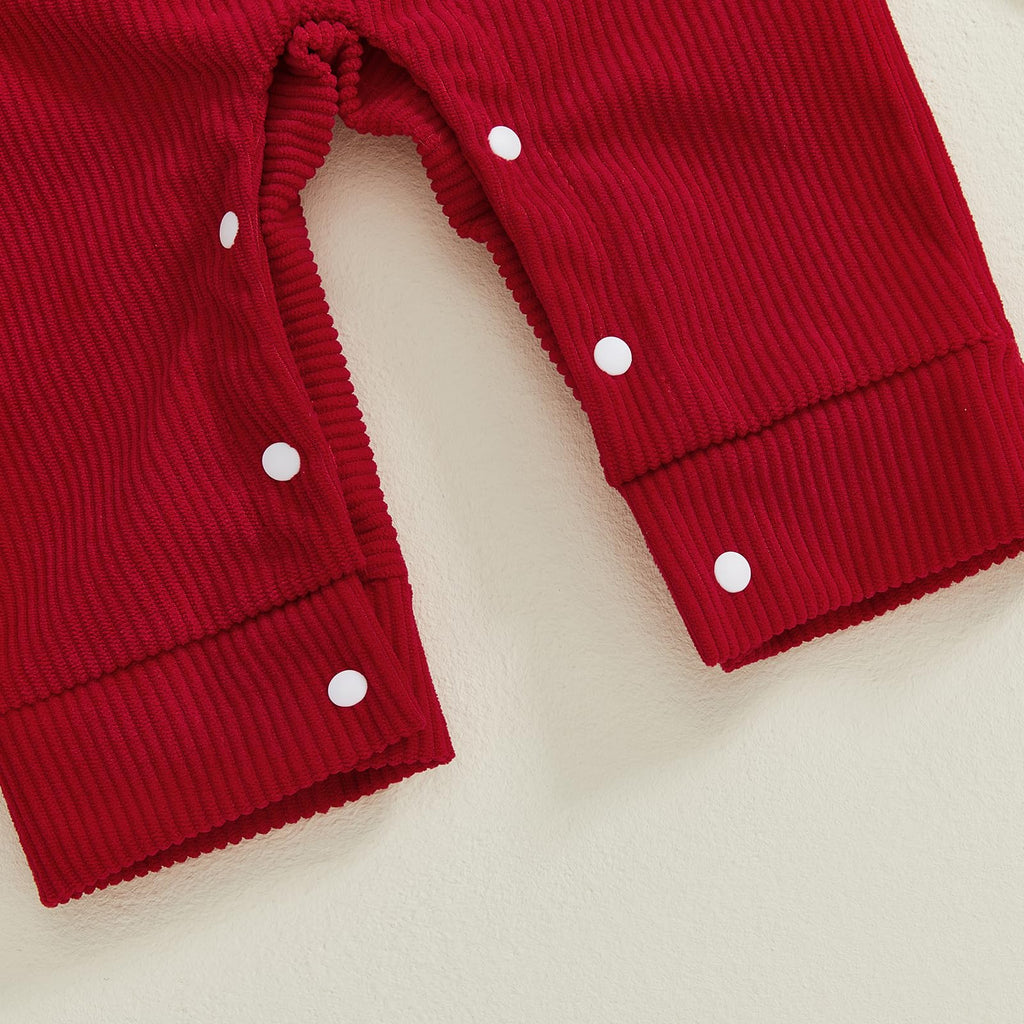 Gingerbread Newborn Set | Conjunto 3 Piezas Bebé — Body Rayas + Overol Rojo + Gorro Navideño