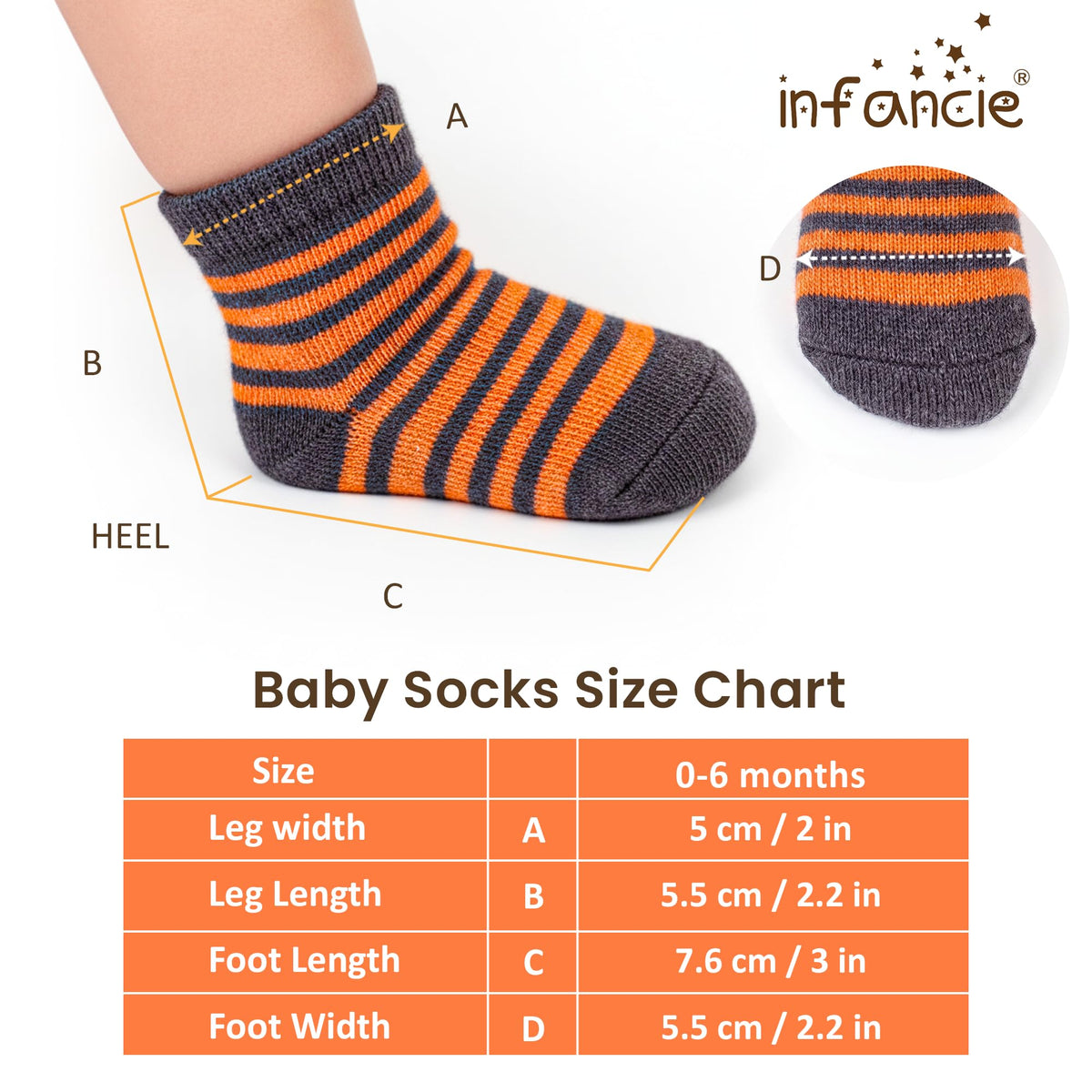 infancie | Calcetines Bebé Niño Pack 6 Algodón Orgánico GOTS Antideslizante Estampados Naranja Gris 0-6 Meses